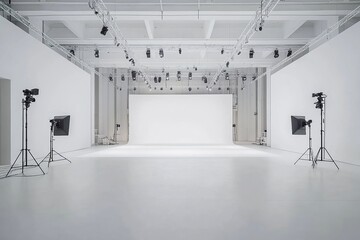 Professional photo of a modern white studio with lights and camera