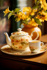 Tea Set with Decorative Floral Teapot, Tea Cup, and Plate. Fall Flowers In Vase on Wooden Table. Warm and Cozy Autumn Interior Composition, Natural Light and Shadow. Vintage.