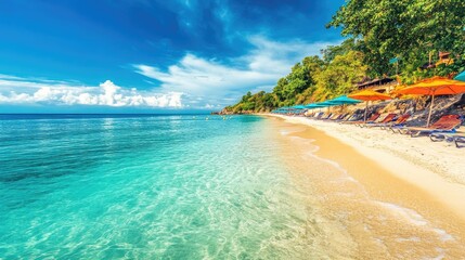 Stunning tropical beach with crystal-clear waters, golden sand, and colorful umbrellas, offering a picturesque travel destination