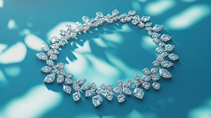 Beautiful diamond necklace arranged on a bright blue surface, captured from above, emphasizing the sparkling stones and refined craftsmanship