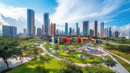 Naklejka premium Vibrant cityscape with colorful modern architecture and lush parks, offering a dynamic travel experience for visitors
