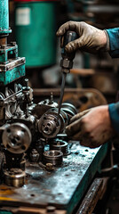 Close up of tractor engine being repaired by farmer, showcasing intricate mechanical components and tools. focused hands demonstrate skilled craftsmanship in workshop environment
