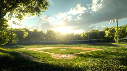 Fototapeta premium Baseball field at sunset, the middle of the field from the first person perspective