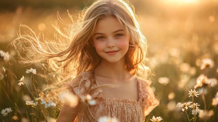 Fototapeta premium Happy Little Girl in Field of Daisies at Golden Hour