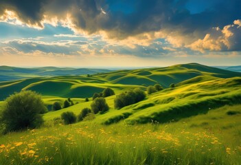 vibrant cloud shapes floating over serene landscape lush green hills tranquil blue sky, fluffy, clouds, scenery, natural, beauty, outdoors, daylight, view