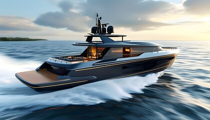 Sleek modern speedboat with open deck lounge gliding effortlessly across the water, offering breathtaking views at high speeds