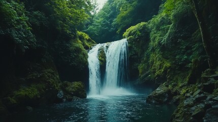 Fototapeta premium Tranquil Waterfall Surrounded by Lush Green Forest