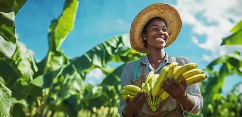 Young african woman holding a ripe bananas against the backdrop of banana palms.