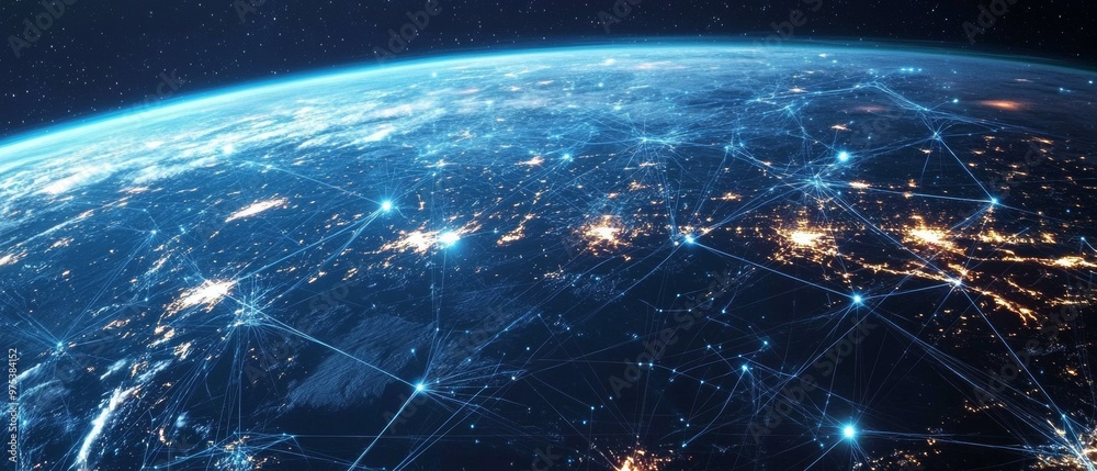 Poster global telecommunication network from space. satellite connectivity