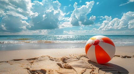Obraz premium A simple, striped beach ball lying on sandy beach under sunny skies