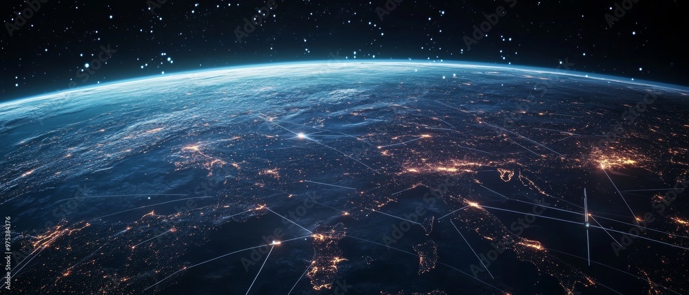 Poster global telecommunication network from space. satellite connectivity