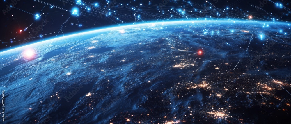 Poster global telecommunication network from space. satellite connectivity