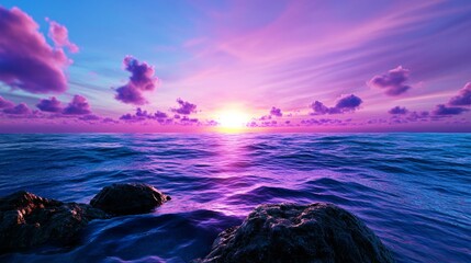 Vibrant Sunset Over Ocean With Rocks