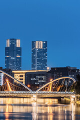 Night Scenery of Greenland Twin Towers and Jiuru Road Bridge in Zhengzhou, Henan Province, China