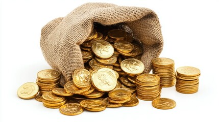 Burlap sack overflowing with gold coins, with several stacks of coins arranged neatly beside it. White background makes the treasure shine.