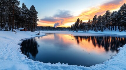 Obraz premium Frozen Lake Sunset Landscape With Cabin