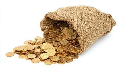 Burlap treasure sack overflowing with gold coins, some neatly stacked next to it, all set against a bright white background.