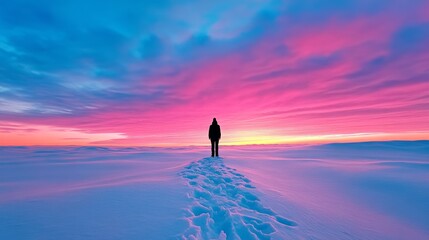 Person Standing in Snowy Field with Pink and Blue Sunset