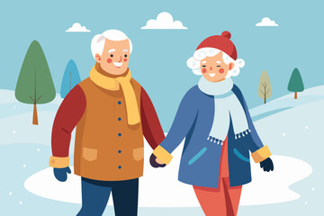 vector illustration of elderly couple walking together holding hands
