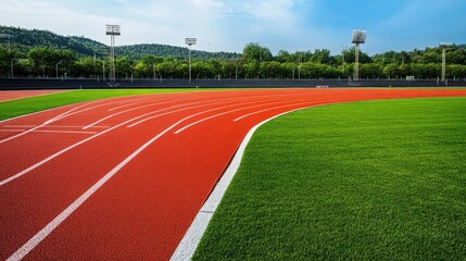 Circular running track surrounding a football field in a stadium, with bright red lanes and green grass, ready for training.