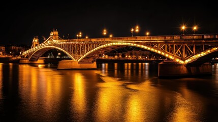 Naklejka premium A bridge lit by soft yellow lights spanning a river at night, with the lights reflecting in the calm water below.
