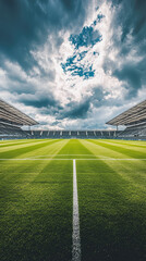 Naklejka premium A vast stadium features green soccer field under dramatic sky filled with clouds. well maintained grass and clear white lines create an inviting atmosphere for sports enthusiasts