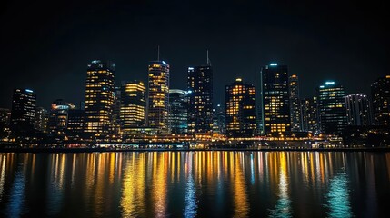 Obraz premium A city skyline at night with buildings glowing yellow against the dark sky, their lights reflecting off the nearby river.