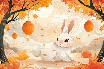 Obraz premium Traditional Chinese Festival: Mid-Autumn Festival, rabbit and moon illustration
