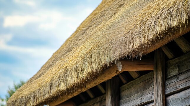 A close-up of a traditional thatched roof cottage, with textured straw roof patterns and natural wood beams, under a soft summer sky.