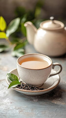 A ceramic cup filled with milk tea sits on saucer, accompanied by tea leaves and teapot in background. serene setting evokes calming atmosphere perfect for tea lovers