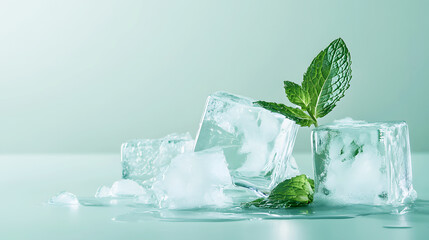 Minimalist artistic composition of ice cubes with mint leaves, frozen in a clear