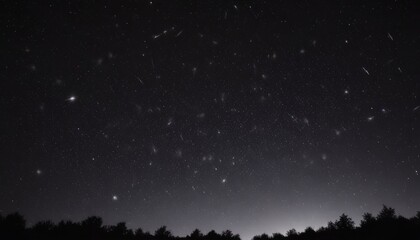 A starry night sky with numerous shooting stars streaking across the frame, set against a dark background with silhouetted trees in the foreground.