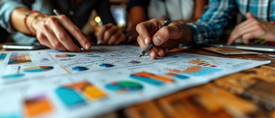 Fototapeta premium Diverse business team using graphs and charts to discuss marketing plan on a wooden table in the office. 