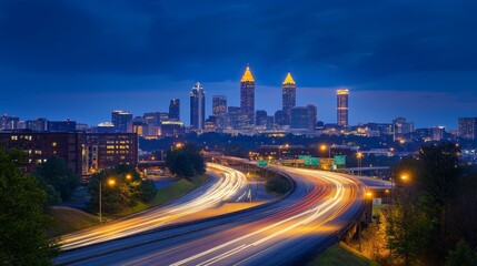 Fototapeta premium Beautiful dawn skyline of downtown Atlanta, Georgia, USA, showcasing vibrant colors reflecting on the city’s architecture, with soft light illuminating the buildings and a tranquil atmosphere