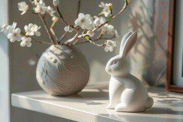 A simple, white porcelain bunny figurine on a light grey shelf