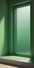 A minimalist image of a window with a green frame, set against a green wall, with a white step on the floor below.