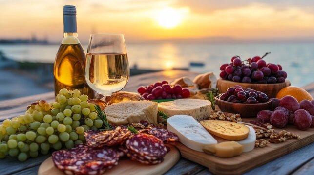 Traditional Jewish New Year Rosh haShanah symbols on wooden table with blurred sunset and sea background, featuring apples, honey, pomegranates, and holiday attributes