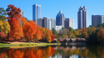 Naklejka premium Iconic view of the Atlanta skyline over Piedmont Park, showcasing modern architecture, lush greenery, and a vibrant urban landscape, perfect for illustrating city life and nature harmony