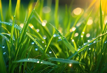 Fototapeta premium close view vibrant green grass blades glistening natural showcasing beauty nature freshness, sunlight, texture, plants, lawn, garden, foliage, spring, summer