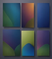 Obraz premium The image displays six abstract artworks, each featuring a unique color gradient and shape, arranged in a grid-like pattern against a dark background.