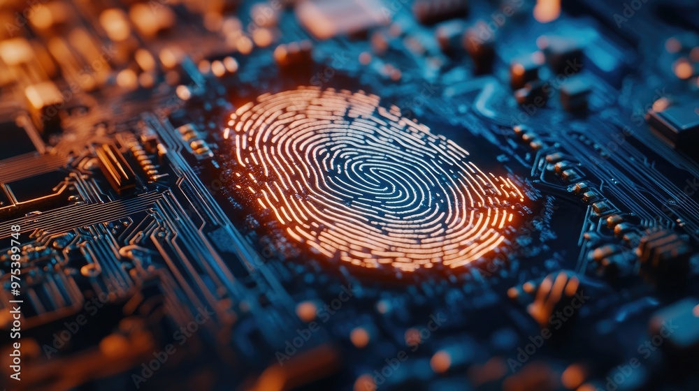 Poster close-up of a fingerprint scan integrated with a microcircuit board, symbolizing advanced biometric 