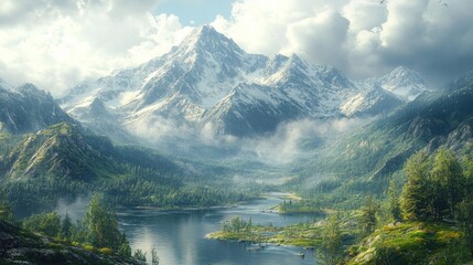 Fototapeta premium Majestic mountains with a serene lake and lush greenery.