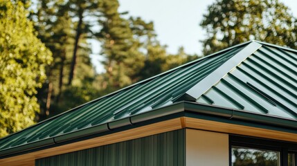 Fototapeta premium A detailed shot of a modern house with a green metal roof, showcasing the clean lines and minimalist design elements against a backdrop of trees.