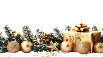 Christmas decoration with gifts and gold 2025 Happy New Year on transparent background