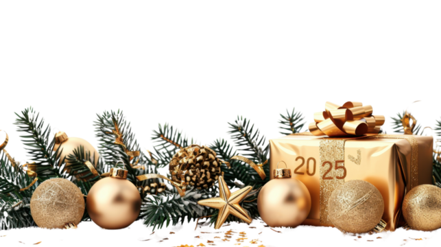 Christmas decoration with gifts and gold 2025 Happy New Year on transparent background