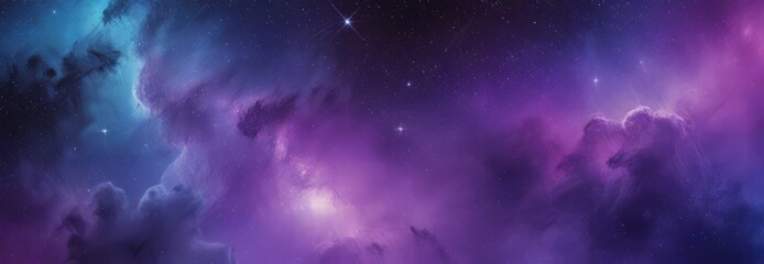a cosmic scene with a star-filled sky, a nebula, and a galaxy. The nebula is a swirling cloud of gas and dust, with the star at the center appearing as a bright, luminous