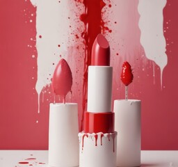 Three red lipstick tubes with white and red accents are arranged on a white surface, with red paint splatters and drips around them.