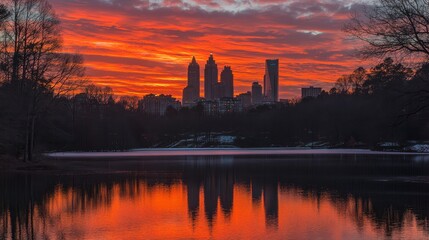 Fototapeta premium Stunning sunset view in Piedmont Park, Atlanta, showcasing vibrant orange and purple skies reflected in tranquil water, surrounded by lush greenery and the city's skyline in the background