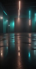 a dimly lit, industrial-looking room with a glossy, wet floor reflecting the light from the ceiling and neon lights.