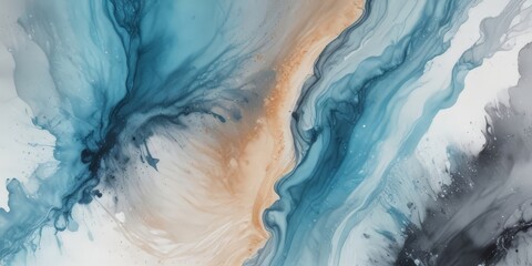 a vibrant abstract painting with swirling patterns of blue, white, and orange hues, creating a dynamic and captivating visual experience.